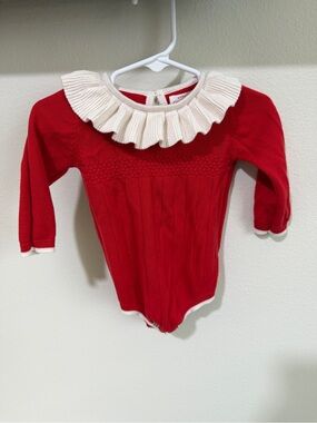 Cat & Jack Red Knit Baby Romper with Cream Ruffle Collar